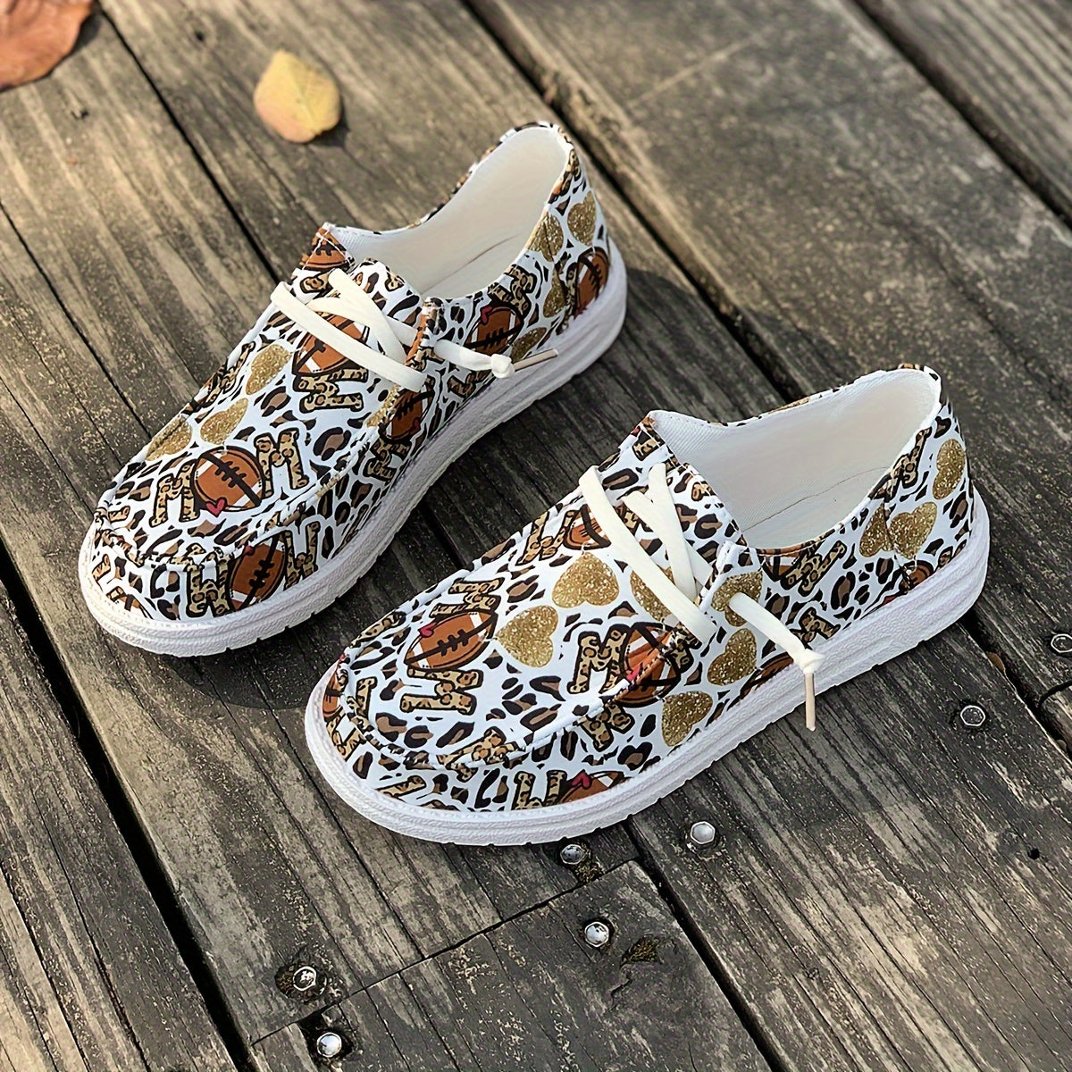 Women's Skate Shoes with Rugby Balls and Hearts Pattern