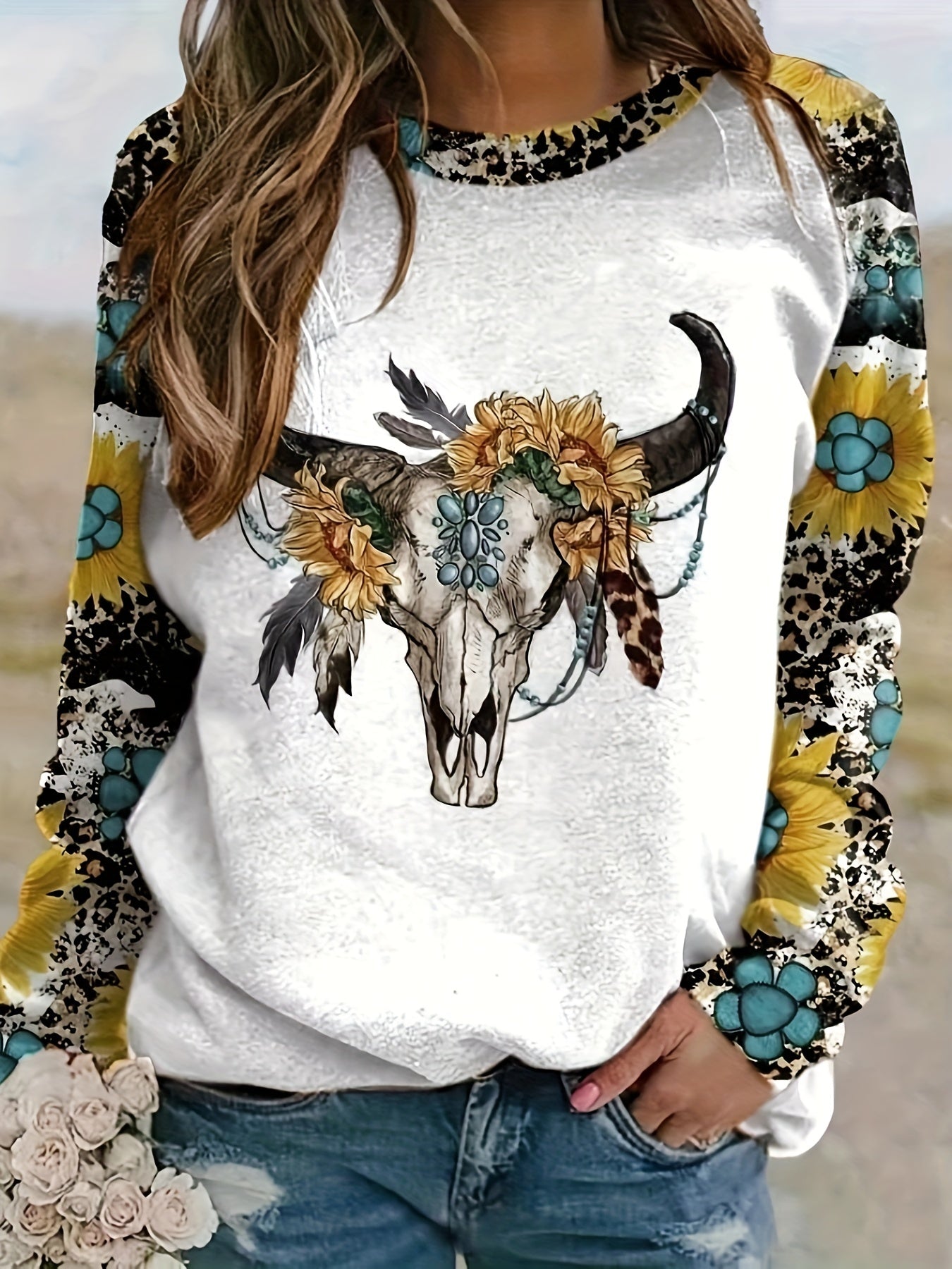 Horse & Letter Pattern Pullover Sweatshirt for Women