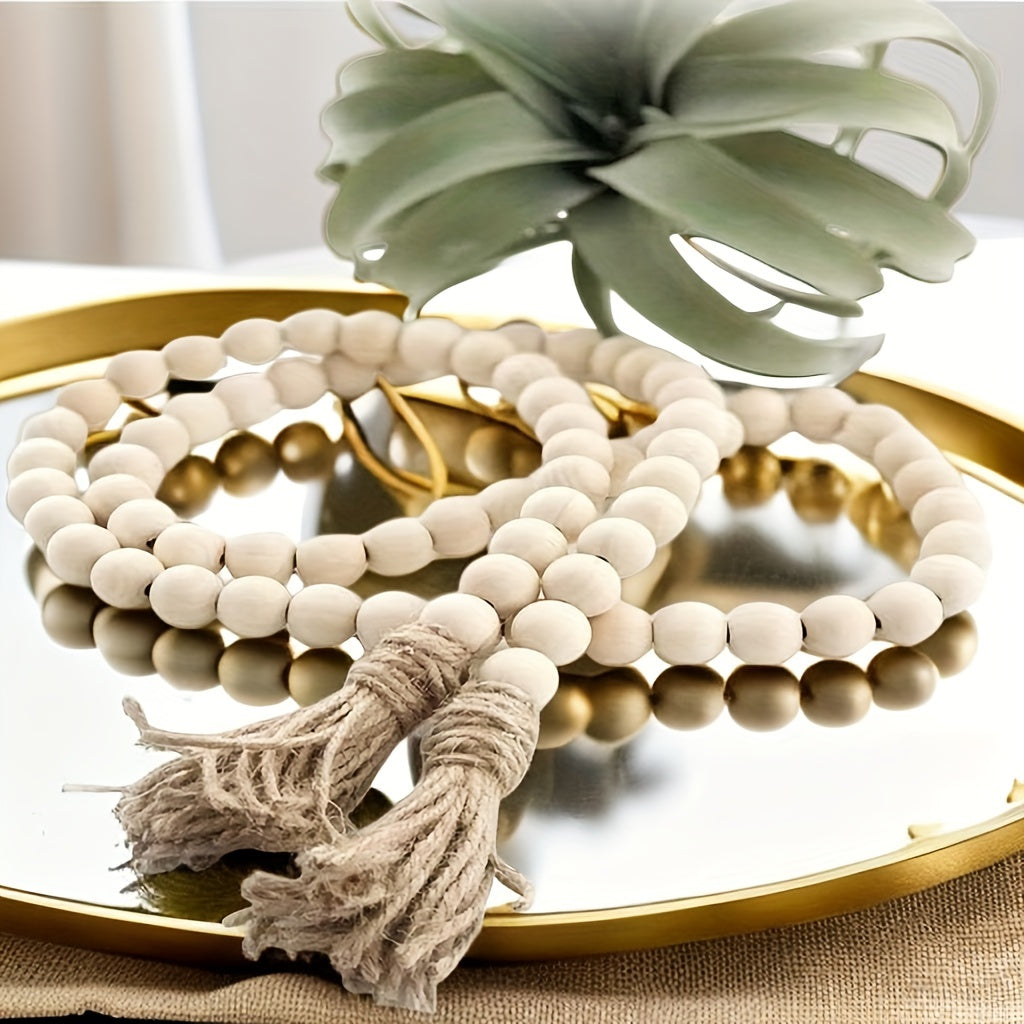 Wooden Beaded Wreath with Tassels - Natural Prayer Wood Beaded Decor