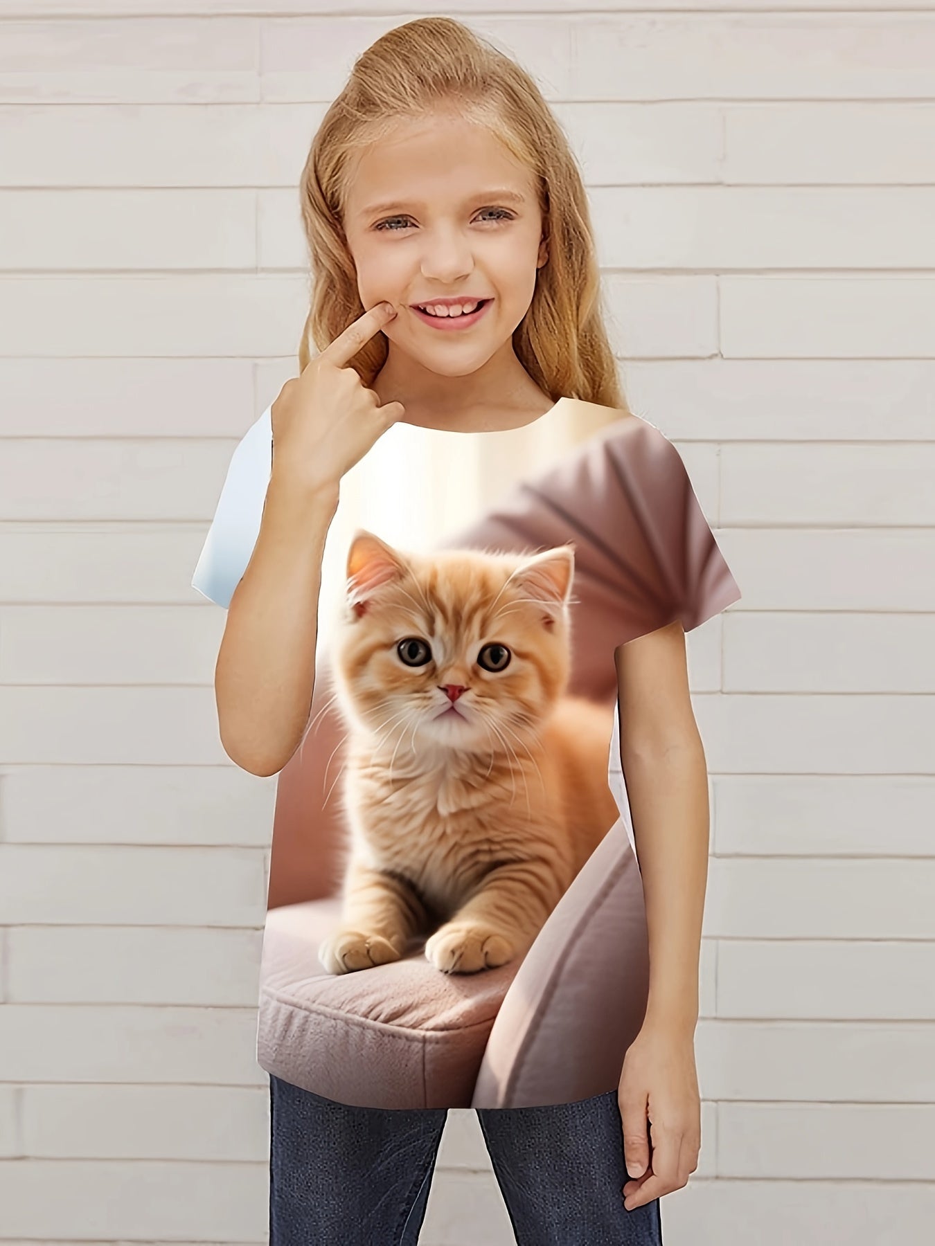 3D Kitty Graphic Crew Neck Short Sleeve T-shirt Girls Summer Clothes