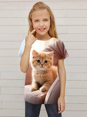 3D Kitty Graphic Crew Neck Short Sleeve T-shirt Girls Summer Clothes