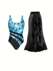 Floral Print Ring One Piece Swimsuit with Ruffle Tie Sarong Cover Up