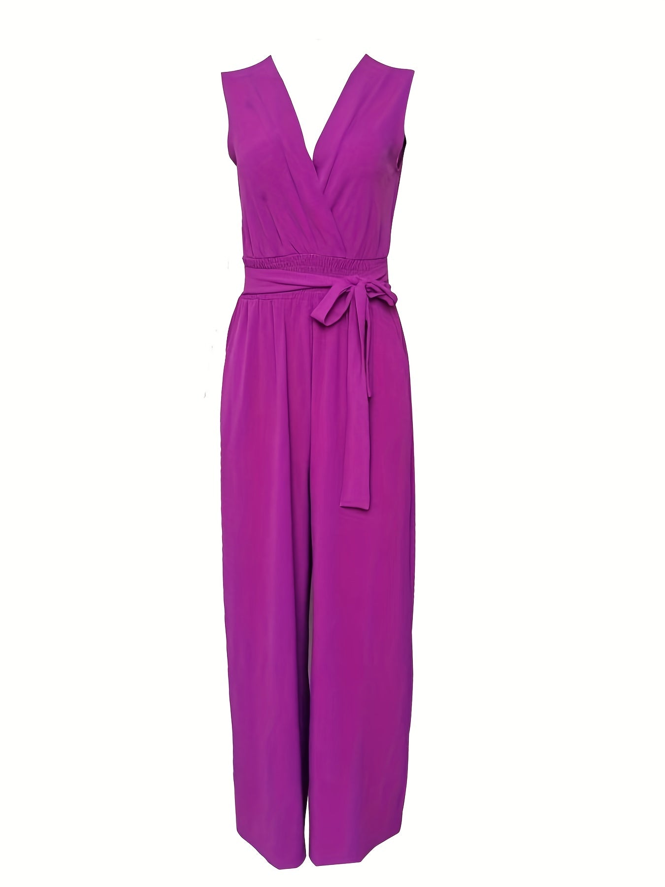 Surplice Neck Sleeveless Shirred Jumpsuit Solid Belted Waist Wide Leg Jumpsuit