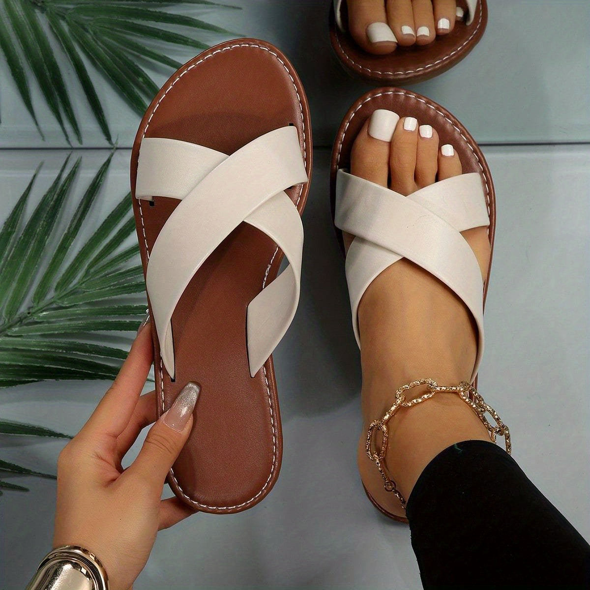 Women's Cross Strap Flat Slides Open Round Toe Slip On Slide Sandals