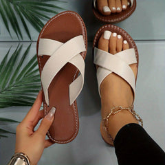 Women's Cross Strap Flat Slides Open Round Toe Slip On Slide Sandals