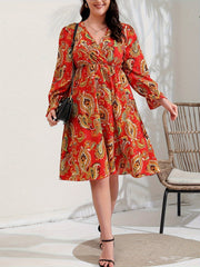 Plus Size Boho Paisley Print Lantern Sleeve Midi Dress
