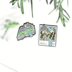 Cartoon Hiking Scenery Brooch Mountain River Book Style Pin