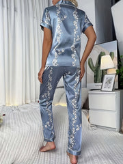 Floral Print Pajama Set Short Sleeve Lapel Top & Elastic Waistband Pants