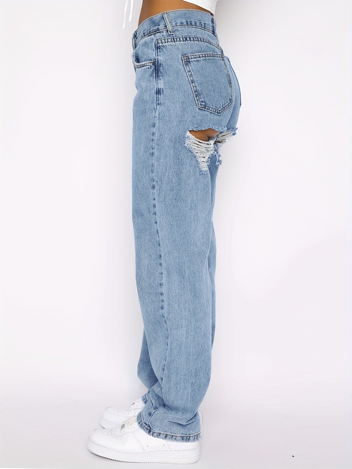 High Waist Ripped Straight Jeans Loose Fit