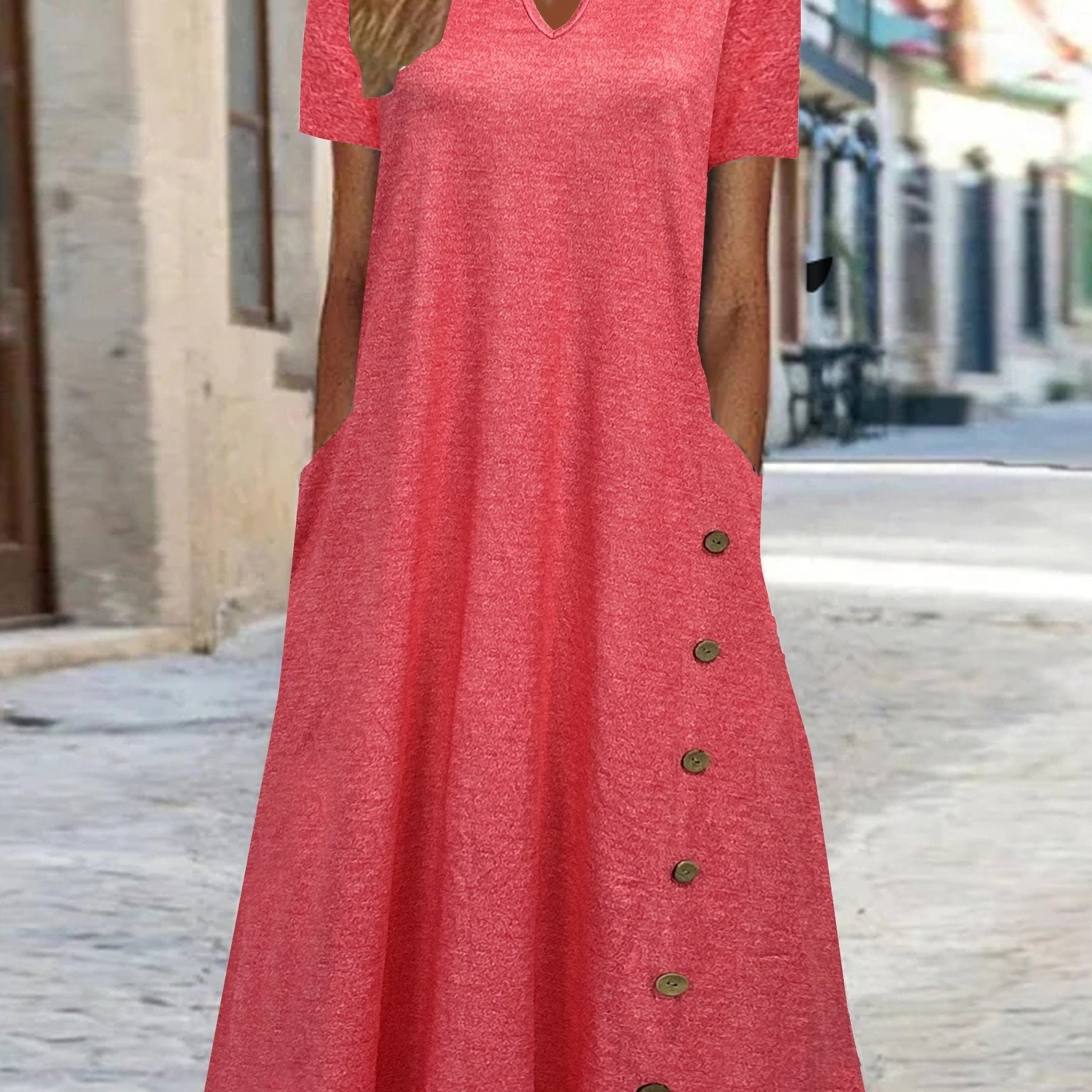 Solid Button Short Sleeve Casual Dress