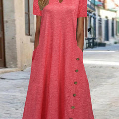 Solid Button Short Sleeve Casual Dress