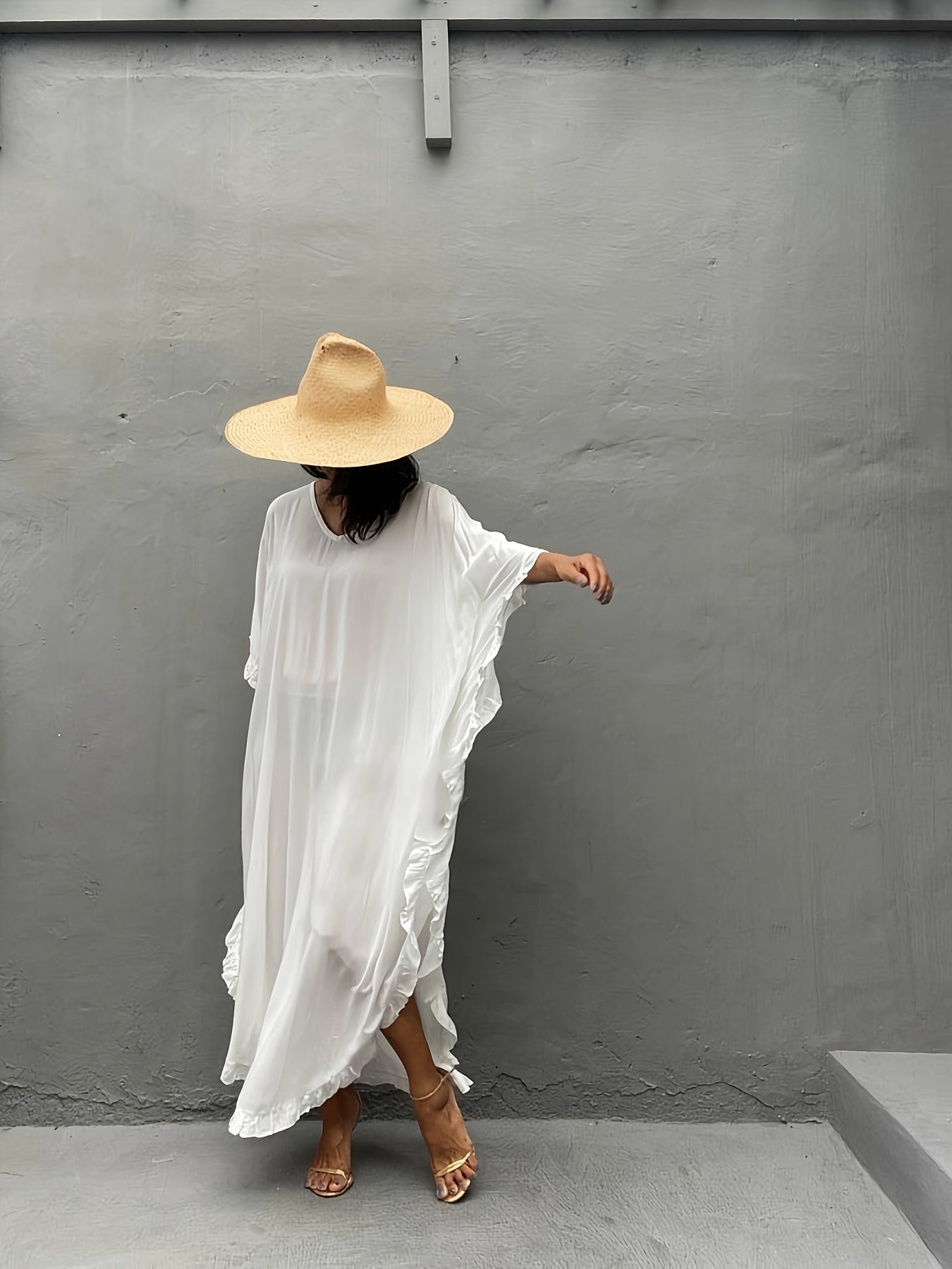Solid V Neck Ruffle Trim Maxi Split Cover Up