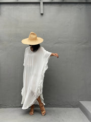 Solid V Neck Ruffle Trim Maxi Split Cover Up