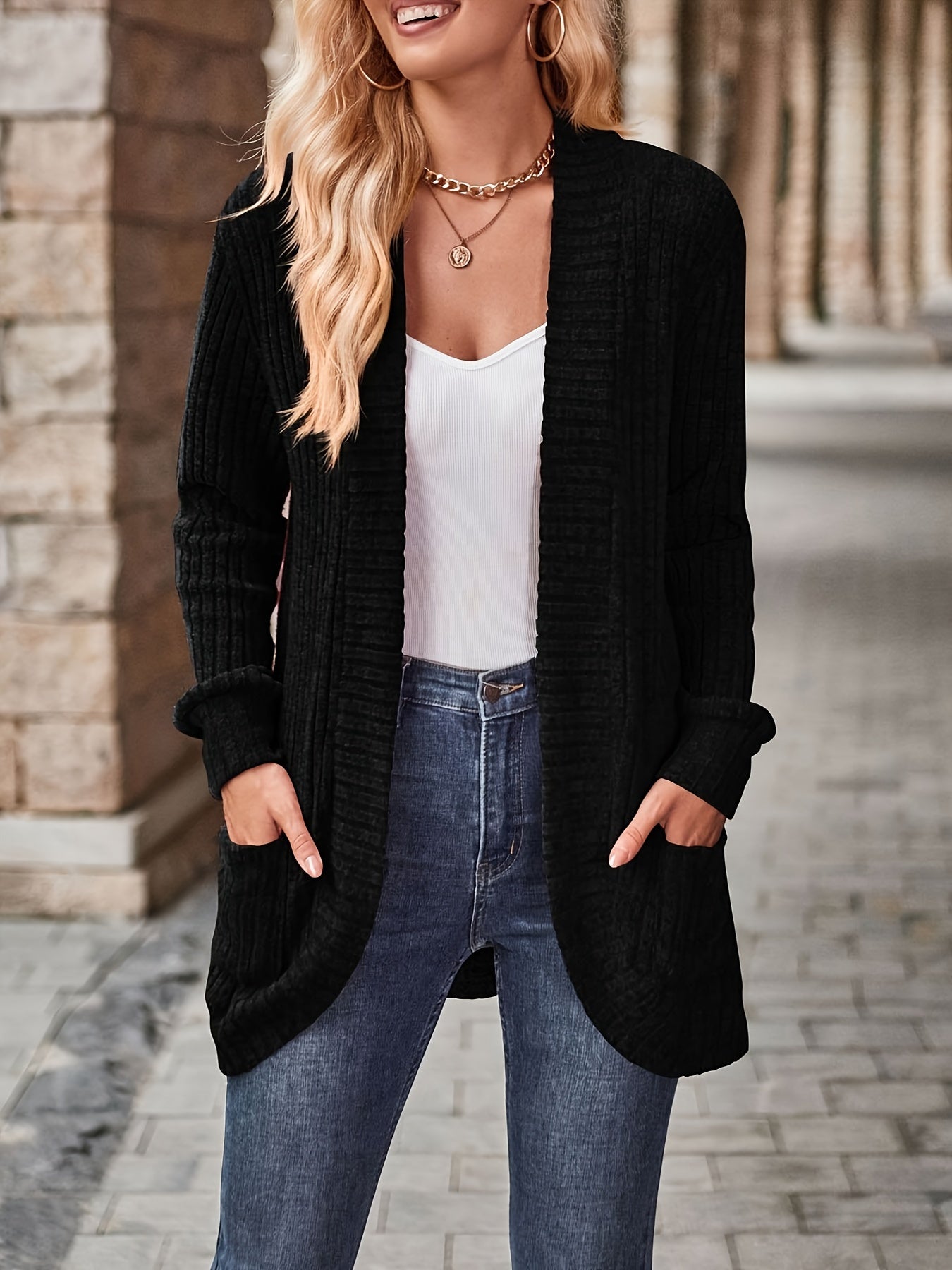 Solid Ribbed Long Sleeve Open Front Knit Cardigan