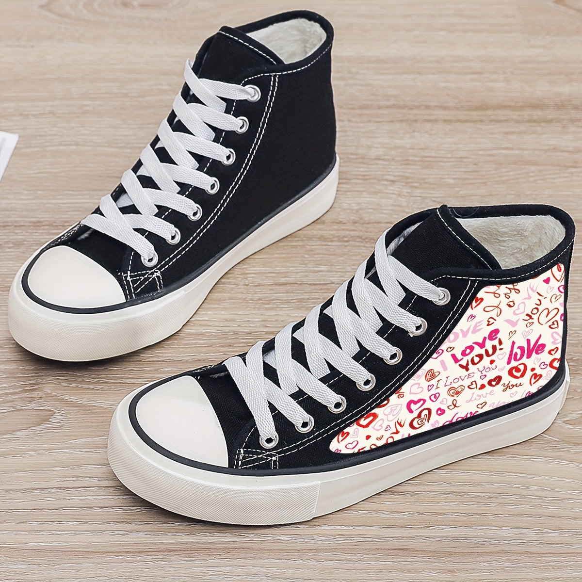 Love & Heart Print Plush Lined Thermal Chunky Canvas Sneakers