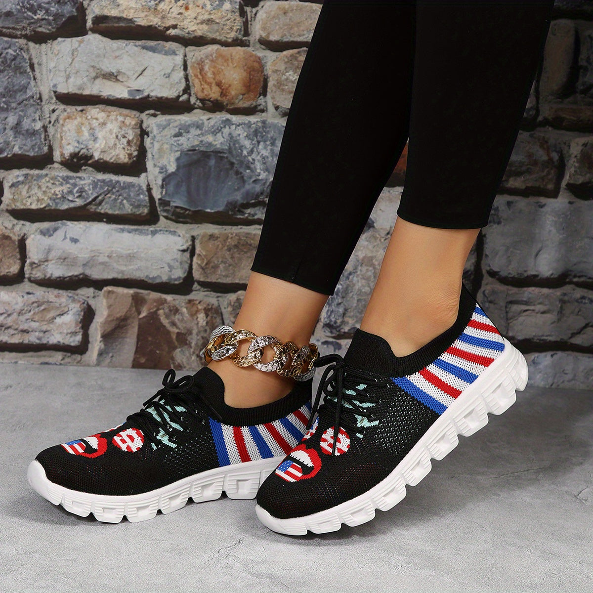 Women's Smiling Face Pattern Walking Shoes Independence Patriotic Mesh