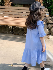 Girl's Cotton One piece Dress Button Decor Short Sleeve Crew Neck Dress