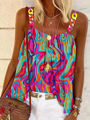 Colorful Graphic Spaghetti Strap Top Chain Stitching Sleeveless Cami