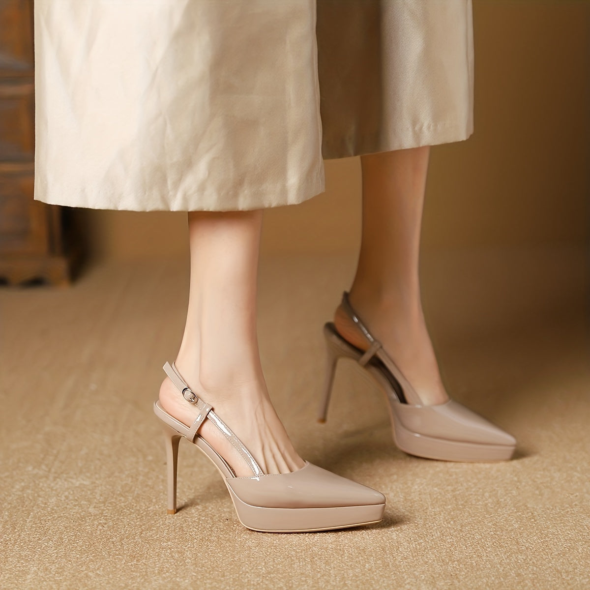 Solid Stiletto Heels Point Toe Buckle Strap Slingback Pumps