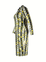 Stripe Print Half Zipper V Neck Bodycon Maxi Dress