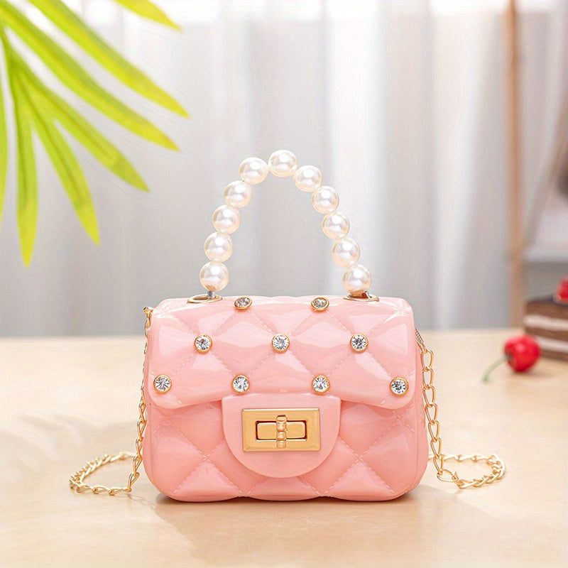 Kids Rhinestone Mini Crossbody Bag Faux Pearl Decor Handbag Coin Purse