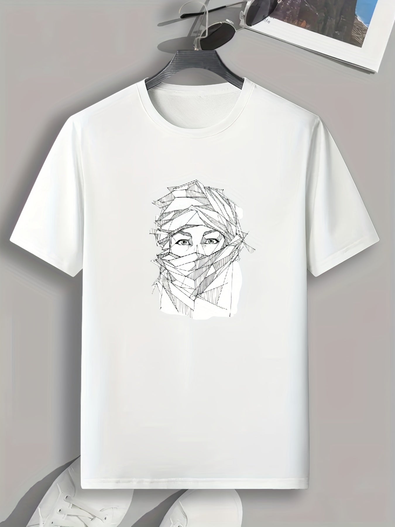 Masked Man Sketch Print Men's Comfy T shirt Active Slightly Stretch