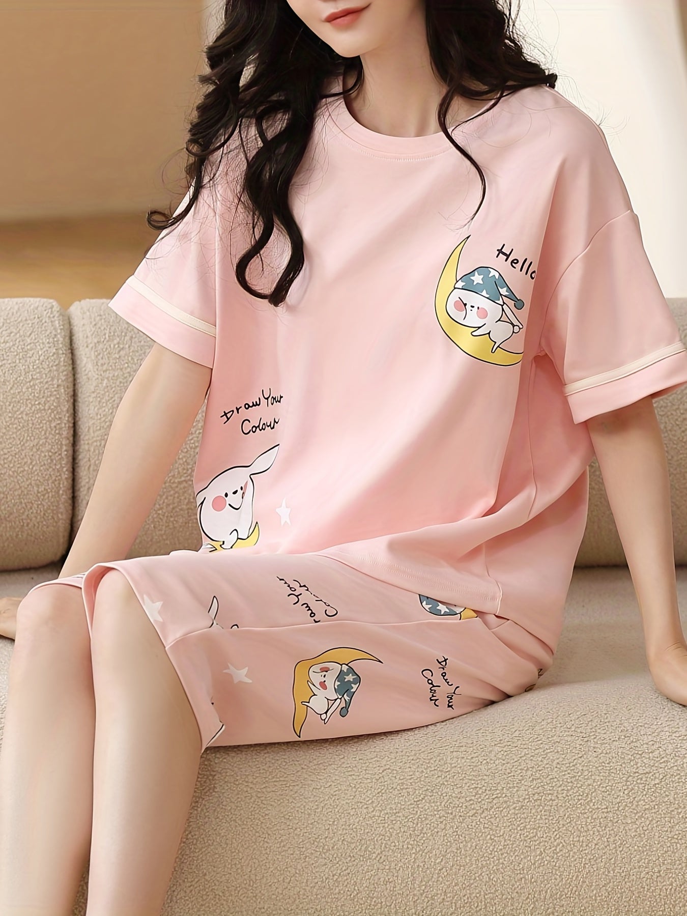 Bunny & Moon Print Pajama Set Short Sleeve Top & Cozy Crop Pants