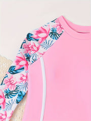 Girls Flower Print Swimsuit 2pc Set Long Sleeve Top & Shorts for Swim Training