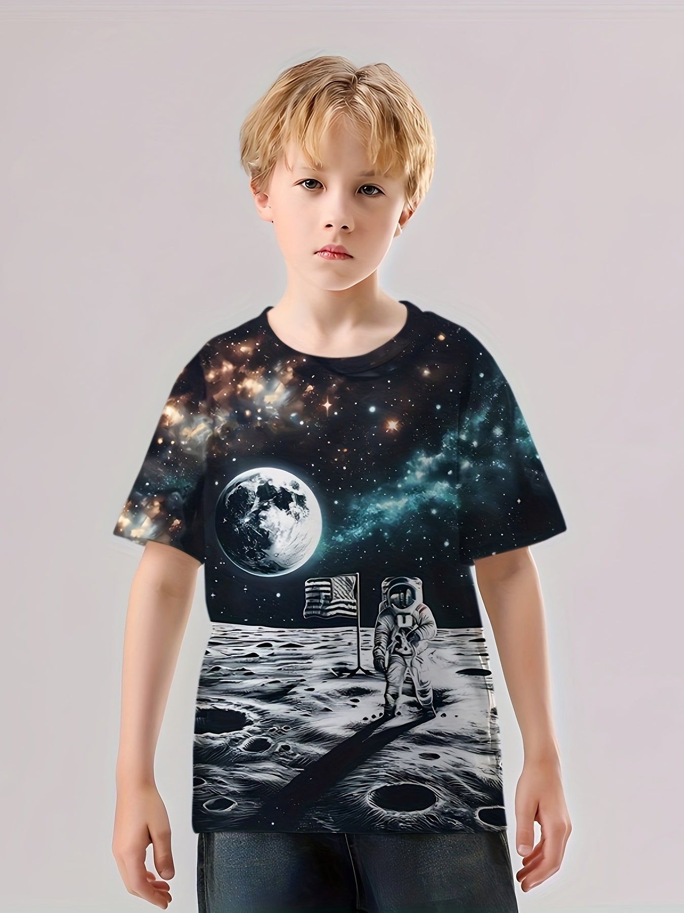 Astronaut on Moon 3D Print Boy's Casual Tees Short Sleeve