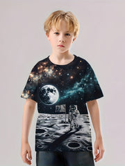 Astronaut on Moon 3D Print Boy's Casual Tees Short Sleeve