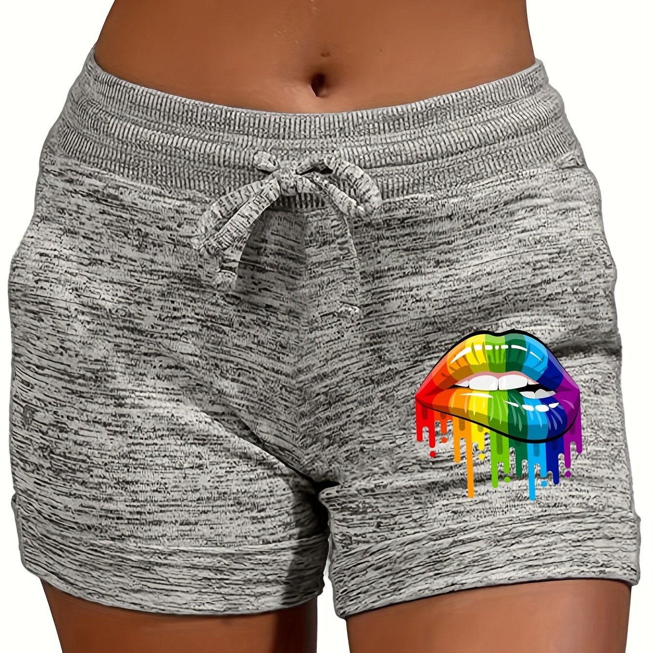 Lip Print Drawstring Shorts For Women