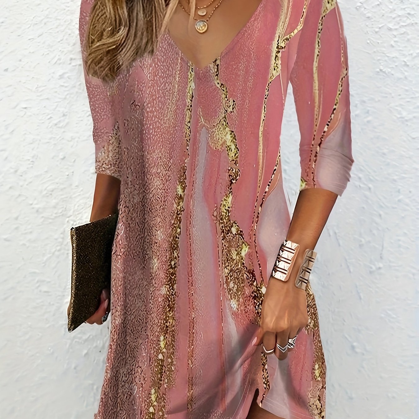 Marble Print Long Sleeve V Neck Stretch Mini Dress