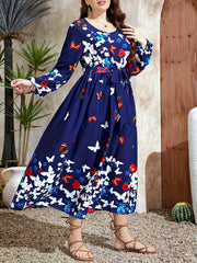 Women's Plus Butterfly & Floral Print Long Sleeve Round Neck Maxi Dress