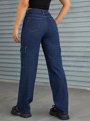 Cargo Pants Washed Loose Fit High Waist Straight Jeans Women's Denim Jeans