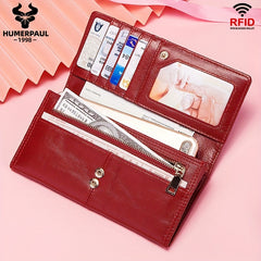 HUMERPAUL Women's RFID Blocking Leather Long Wallet - Rich Red