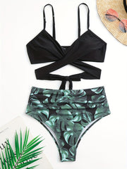 Criss Cross V Neck Tie Back 2 Piece Swimsuit High Cut Spaghetti Straps Bikini