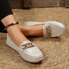 Women's Chain Decor Loafers Slip On Flat Shoes Lightweight Walking Shoes