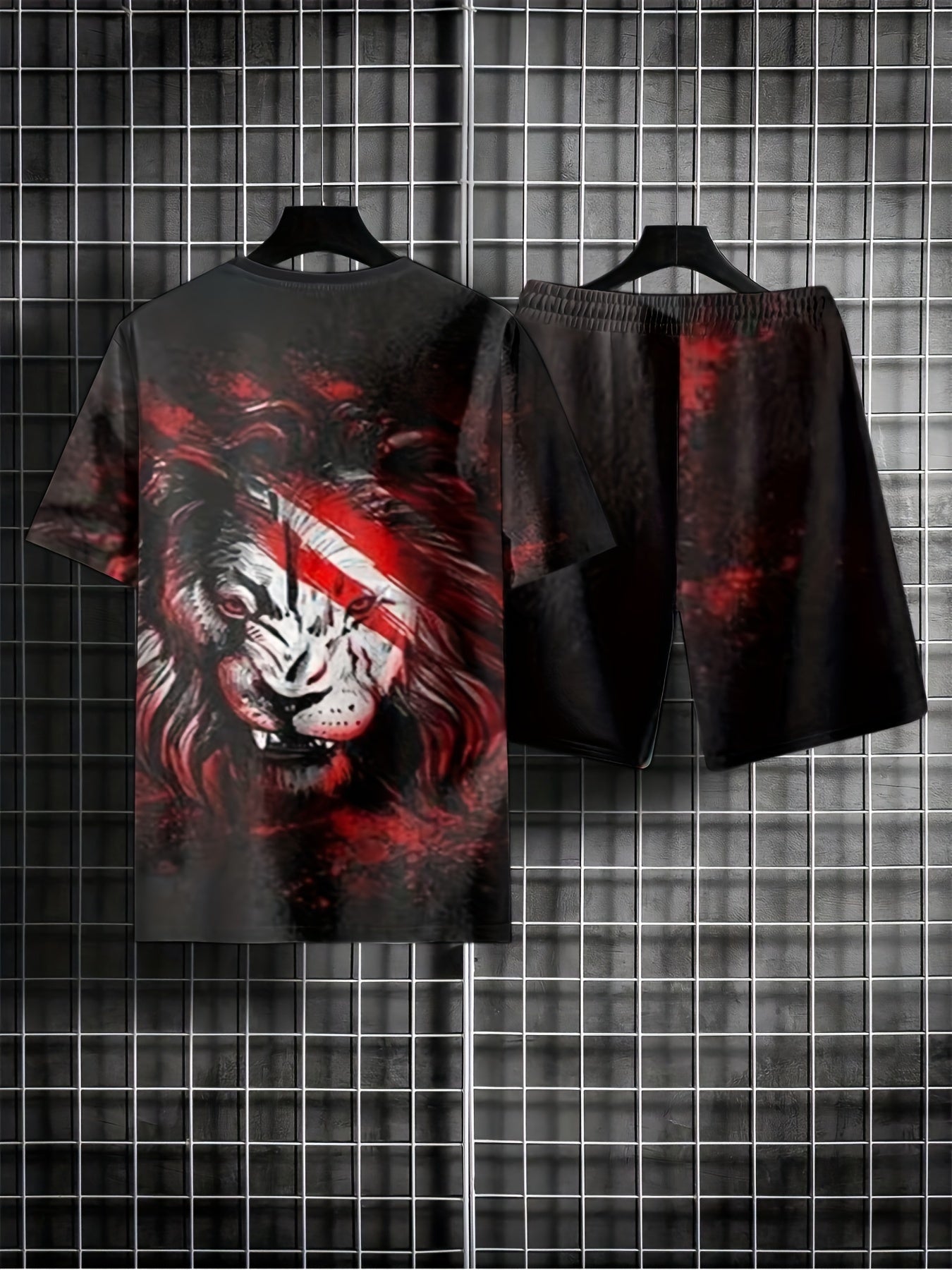 Mens 2 Piece Lion 3D Print T-shirt & Shorts Set for Summer