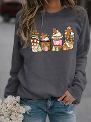 Christmas Coffee Print Loose Sweatshirt Casual Long Sleeve