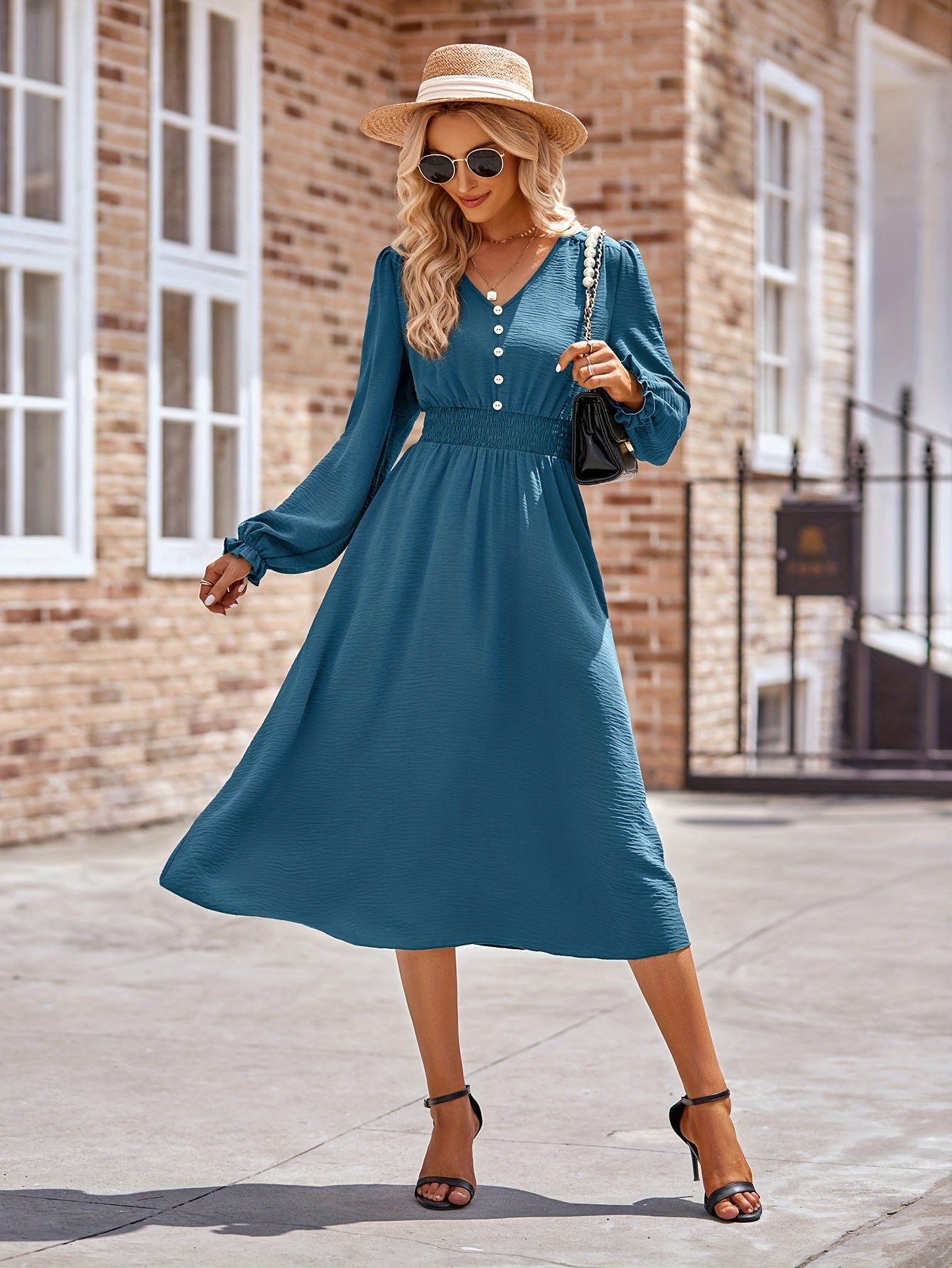 V Neck Button Decor Long Sleeve Dress Spring & Summer Women's Clothing