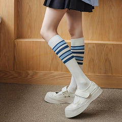 Striped Crew Calf Socks College Style Knee High Stockings