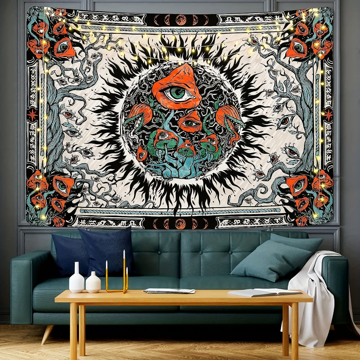 Mushroom Burning Sun Moon Phase Tapestry Wall Hanging Room Decor