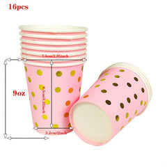 16pcs Pink/Gold Party Supplies Disposable Dinnerware Set for Birthday Baby Showe