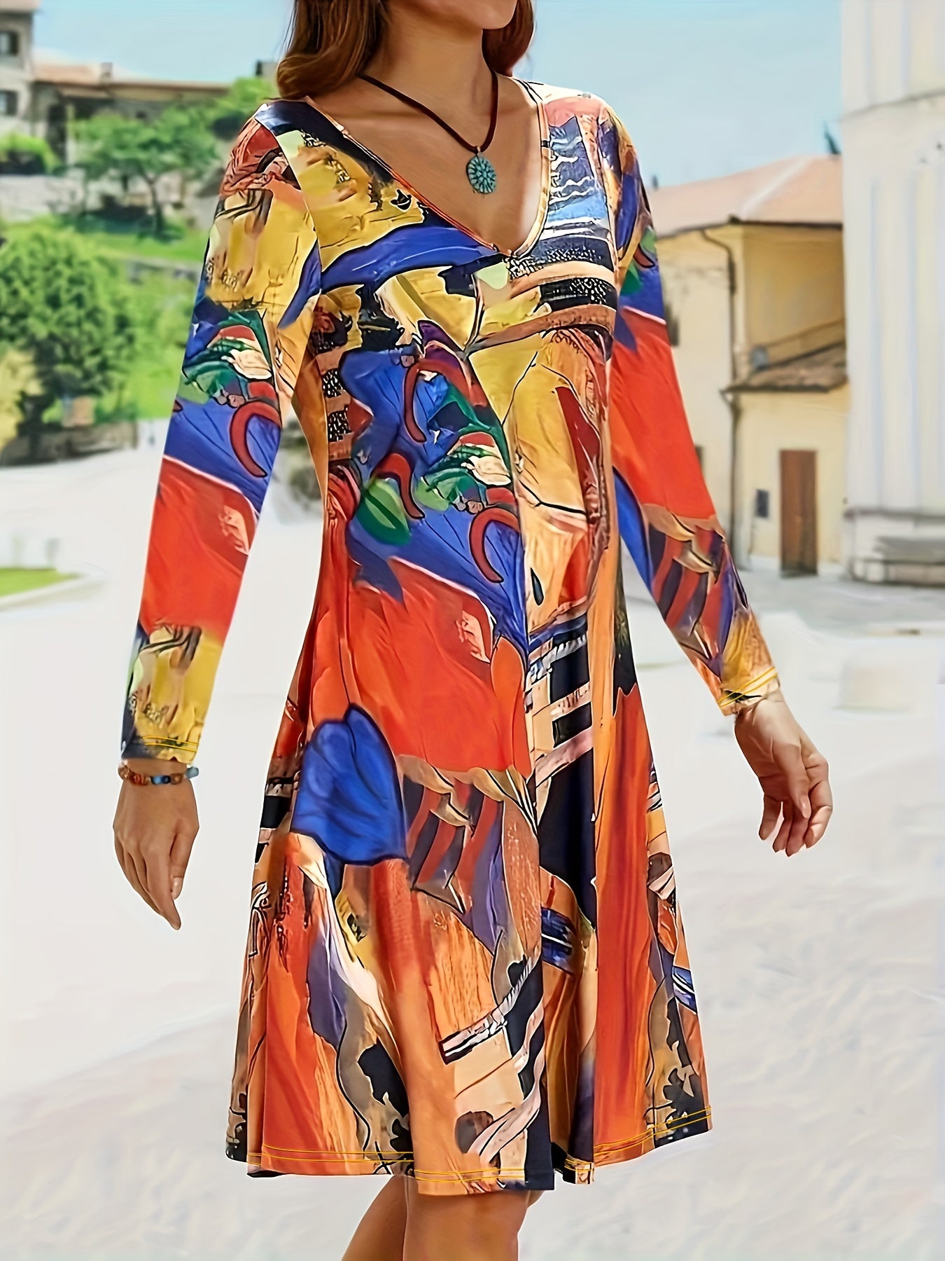 Retro Dress Women's Plus Random Print Long Sleeve V Neck