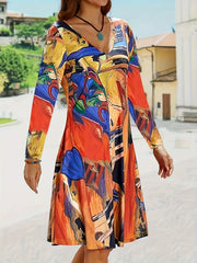 Retro Dress Women's Plus Random Print Long Sleeve V Neck