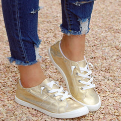 Golden Lace Up Skate Sneakers Lightweight Anti slip Flat Sneakers