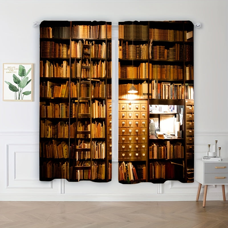 2pcs Bookshelf Print Curtains for Study Room Rod Pocket Window Drapes