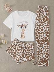 Giraffe Print Tee & Leopard Print Pajama Set