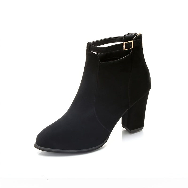 Women's Ankle Buckle Strap Boots Chunky Heel Pointed Toe Mid Heel Shoes