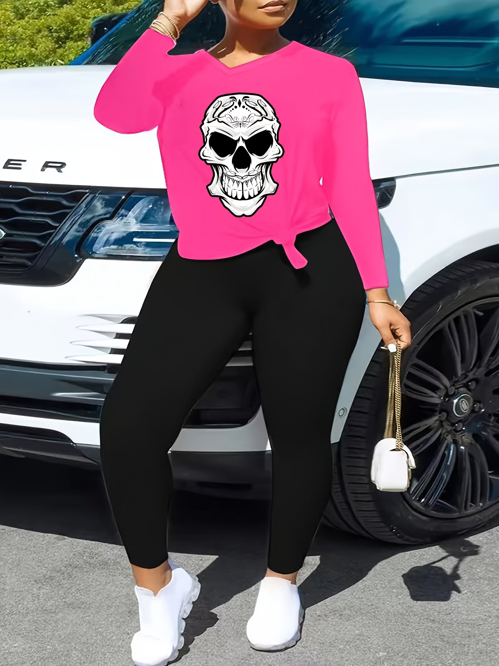 Women's Plus Size Skull Print Top & Leggings Set